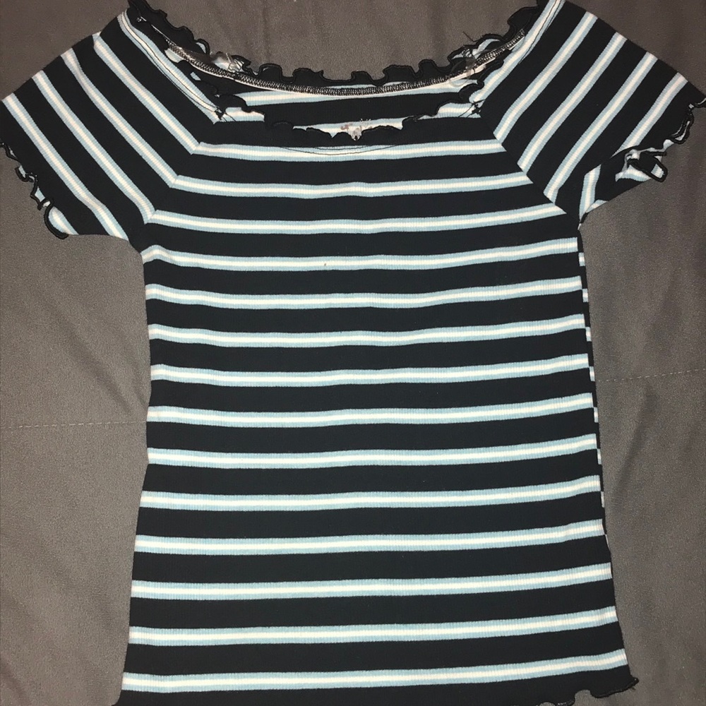 black and blue striped off the shoulder top!
